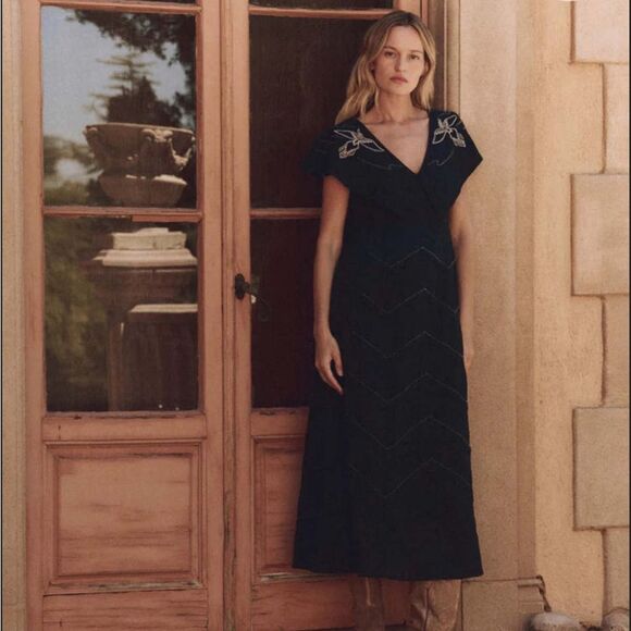 THE GREAT. Dresses & Skirts - THE GREAT Beaded Partridge Black/Navy Blue Embellished Bird Midi Dress Size XS